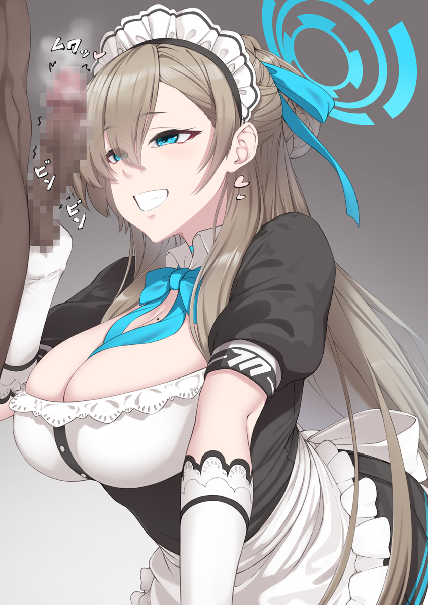 1girl apron asuna_(blue_archive) bangs black_dress blue_archive blue_ribbon blush bow bowtie breasts censored cleavage dress elbow_gloves erection gloves grin halo headphones hetero highres large_breasts light_brown_hair long_hair maid_headdress mku mole mole_on_breast mosaic_censoring neck_ribbon penis puffy_short_sleeves puffy_sleeves ribbon short_sleeves smile testicles white_apron white_gloves