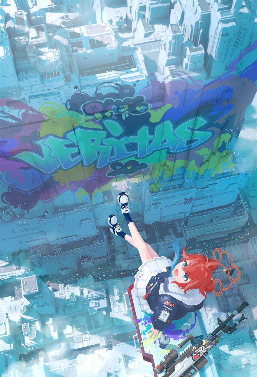 1girl :d absurdres ahoge black_legwear blue_archive blue_eyes blue_necktie building city cityscape double_bun feev99 from_above full_body general_dynamics_lwmmg graffiti gun hair_between_eyes halo highres hood hooded_jacket id_card jacket looking_at_viewer looking_up machine_gun maki_(blue_archive) necktie outdoors paint_on_clothes paint_splatter pleated_skirt red_hair road shoes sitting_on_roof skirt skyscraper smile sneakers sunlight weapon white_footwear white_skirt wind