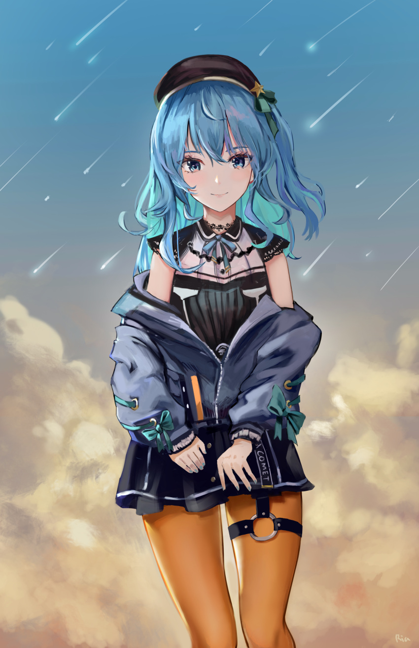 1girl absurdres beret blue_eyes blue_hair blue_nails choker closed_mouth clothes_pull cloud gary_huang hat highres hololive hoshimachi_suisei long_hair looking_at_viewer neck_ribbon official_alternate_costume orange_legwear pantyhose ribbon shirt shooting_star skirt sky sleeveless sleeveless_shirt smile solo standing star_(sky) starry_sky sweater sweater_pull thigh_strap virtual_youtuber zipper