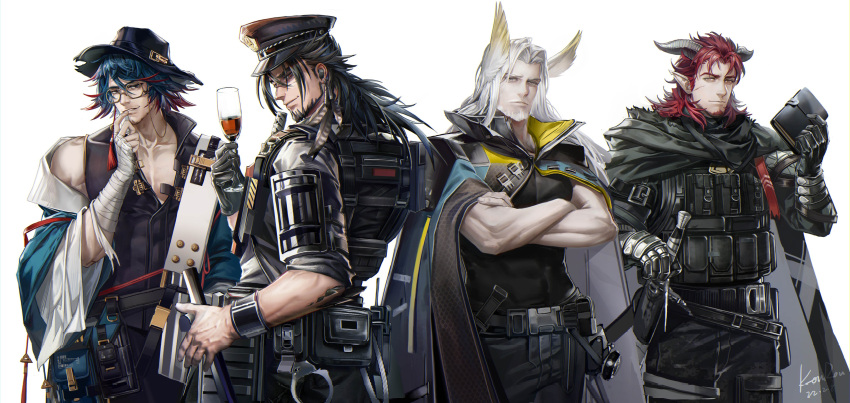 4boys absurdres animal_ears arknights coat hellagur_(arknights) highres hoederer_(arknights) horns jesselton_williams_(arknights) mr._nothing_(arknights) multiple_boys muscular muscular_male