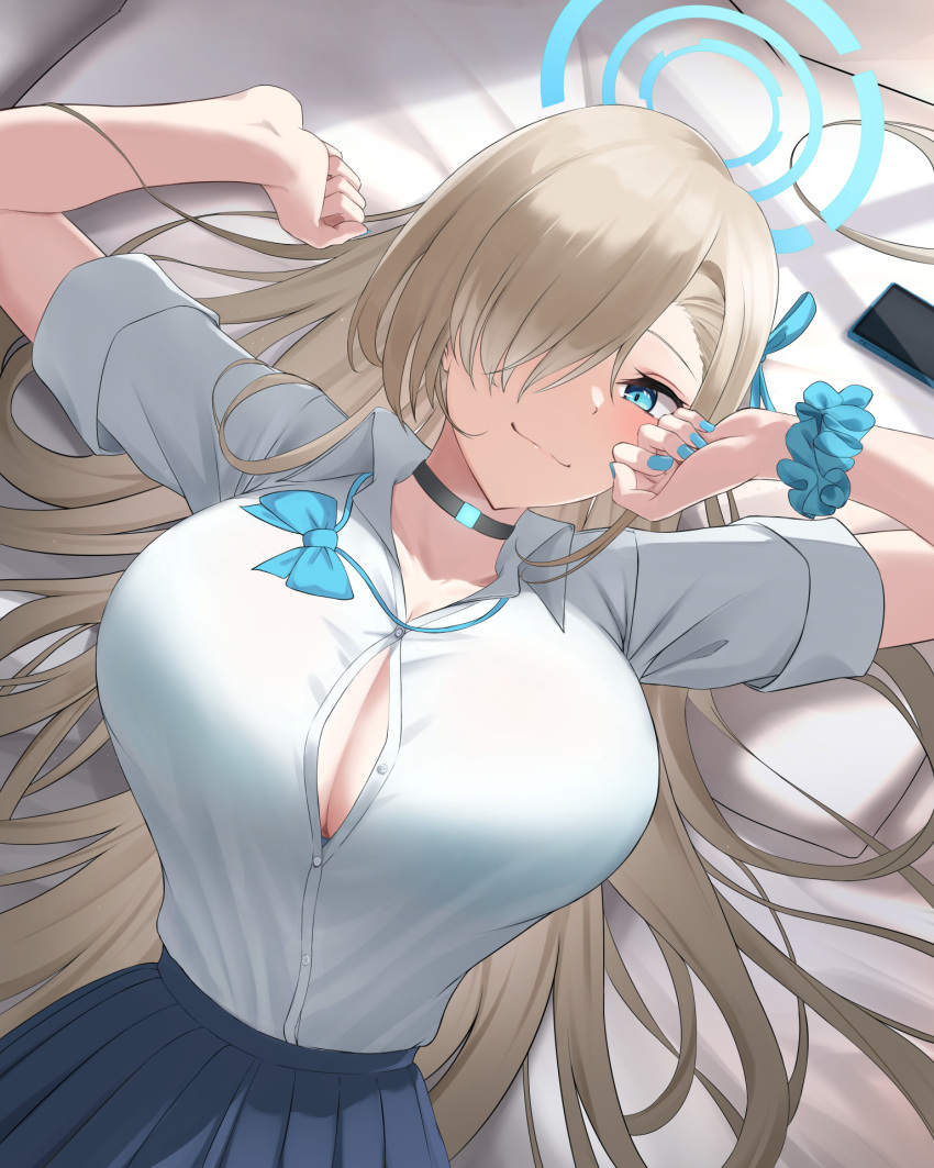 1girl aqua_eyes asuna_(blue_archive) bangs bed_sheet black_choker blonde_hair blue_archive blue_bow blue_eyes blue_nails blue_neckwear blush bow bowtie breasts button_gap cellphone choker cleavage closed_mouth collarbone hair_ornament hair_over_one_eye highres huge_breasts jewelry kai_yuzuki large_breasts long_hair looking_at_viewer lying nail_polish on_back on_bed phone pleated_skirt school_uniform scrunchie shirt short_sleeves skirt smartphone smile solo very_long_hair white_shirt wrist_scrunchie