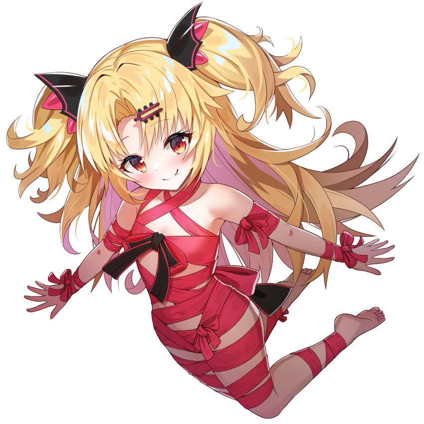1girl akatsuki_uni armband bangs barefoot bettle_(b_s_a_n) blonde_hair blush bow covered_navel fang flat_chest hair_ornament hairclip highres long_hair looking_at_viewer red_bow red_eyes red_ribbon ribbon smile solo transparent_background two_side_up uni_create virtual_youtuber
