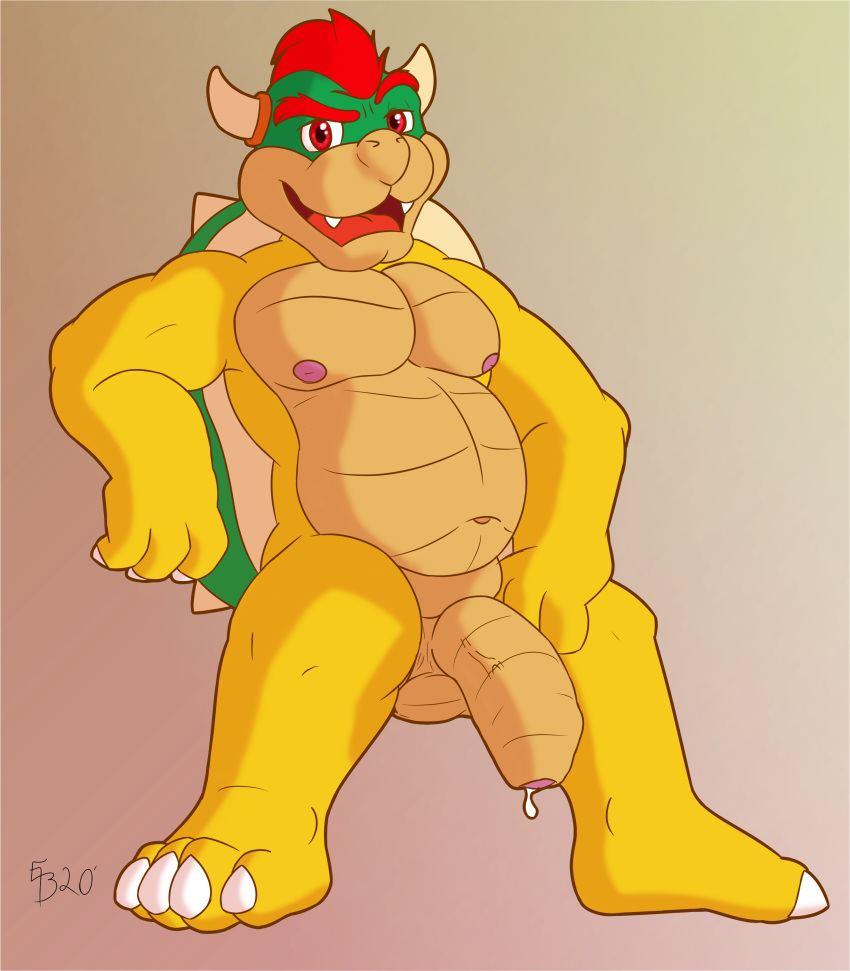 absurd_res balls belly big_belly big_penis bodily_fluids bowser bowser_day digital_media_(artwork) ethan_bailey_(artist) foreskin genital_fluids genitals hair hi_res horn humanoid_genitalia humanoid_penis koopa looking_at_viewer male mario_bros musclegut muscular muscular_male navel nintendo nipples nude open_mouth pecs penis precum red_eyes red_hair scalie sharp_teeth shell simple_background sitting smile solo spiked_shell spikes spikes_(anatomy) teeth turtle_shell video_games