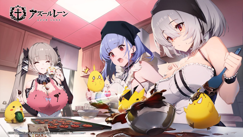 3girls apron artist_request azur_lane bare_shoulders black_dress black_ribbon breasts chocolate_making chocolate_on_breasts cleavage closed_eyes clothing_cutout coffee_cup cup detached_collar dido_(azur_lane) disposable_cup dress earrings eyebrows_visible_through_hair formidable_(azur_lane) frilled_apron frills grey_hair hair_between_eyes hair_ribbon highres huge_breasts indoors jewelry kitchen long_hair manjuu_(azur_lane) multiple_girls pink_apron red_eyes ribbon shoulder_cutout silver_hair triangular_eyewear two-tone_ribbon white_apron