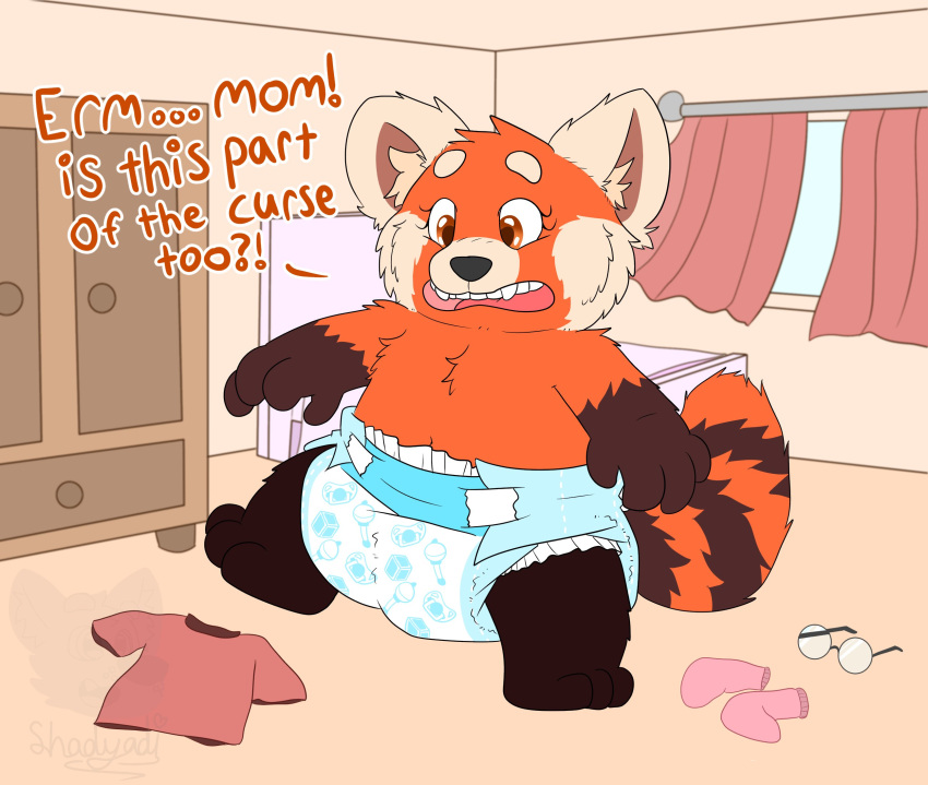 after_transformation ailurid anthro bedroom clothing dialogue diaper disney eyewear female footwear glasses hi_res mammal mei_(turning_red) open_mouth pixar red_panda shadyadi1 socks solo teeth turning_red wardrobe