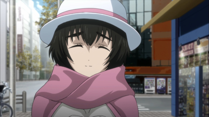 1girl ^_^ bicycle black_hair building city closed_eyes cloud crosswalk day eyebrows eyebrows_visible_through_hair eyes_closed ground_vehicle hat highres jacket pink pink_scarf road scarf scenery screencap shiina_mayuri short_hair smile solo steins;gate street thick_eyebrows traffic_light tree white white_hat white_jacket