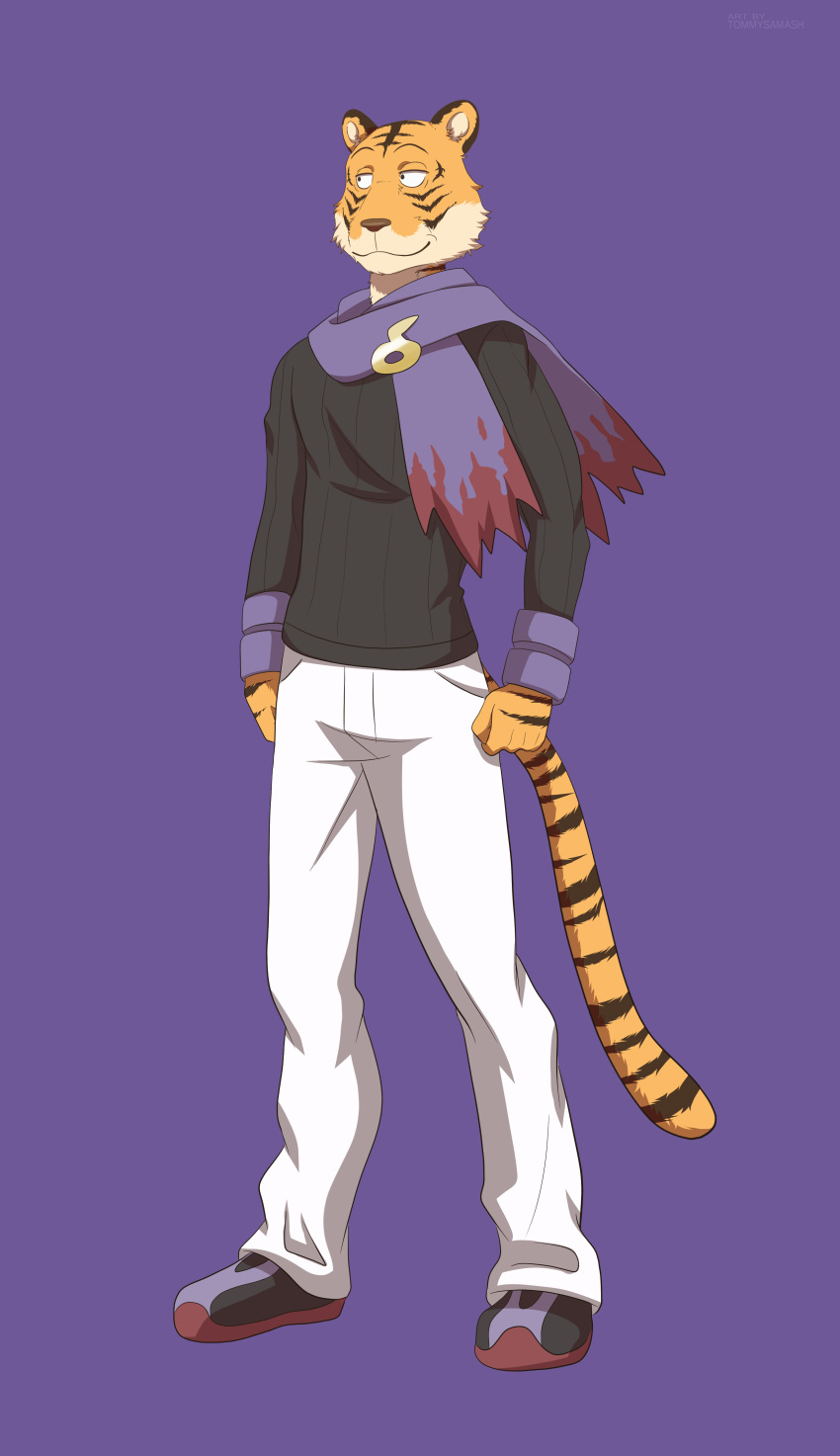 2022 absurd_res anthro beastars bengal_tiger bill_(beastars) black_stripes bottomwear clothed clothing cosplay crossover crossover_cosplay digital_media_(artwork) felid footwear fur gym_leader hi_res male mammal morty_(pok&eacute;mon) multicolored_body multicolored_fur nintendo orange_body orange_fur pantherine pants pok&eacute;mon scarf shoes signature smile sneakers solo standing striped_body striped_fur stripes sweater tiger tommysamash topwear two_tone_body two_tone_fur video_games white_body white_fur