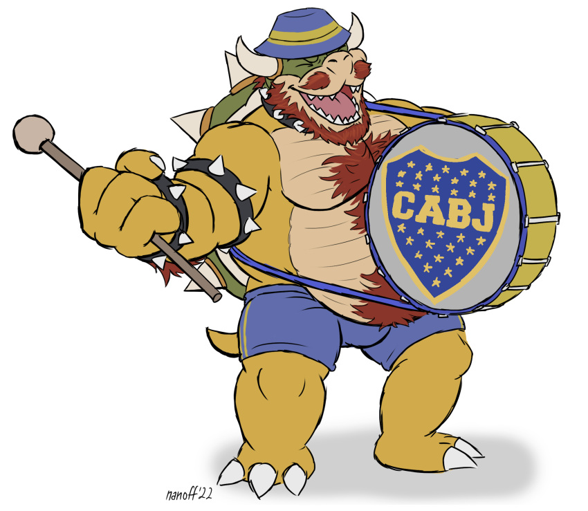 anthro beard boca_juniors body_hair bottomwear bowser clothing drum drumstick_(musical) facial_hair hat headgear headwear hi_res koopa male mario_bros musclegut muscular muscular_male musical_instrument mustache nanoff nintendo percussion_instrument scalie shorts smile soccer_uniform solo sportswear uniform video_games