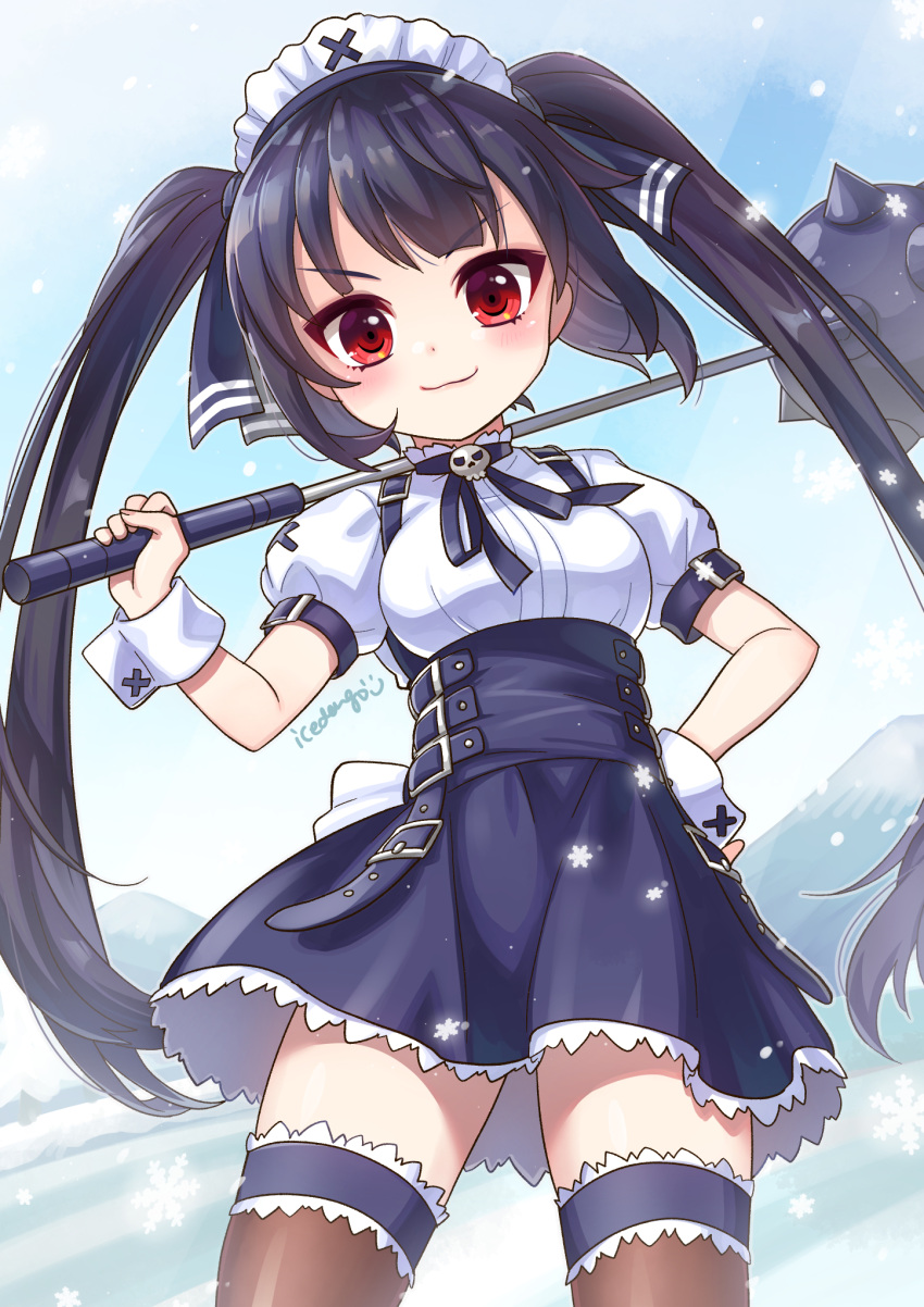 1girl arm_up black_hair black_legwear black_skirt hand_on_hip highres icedango_(dpopic3) kooh long_hair looking_at_viewer mace maid_headdress pangya red_eyes ribbon shirt short_sleeves skirt smile solo spiked_mace spikes thighhighs thighs twintails very_long_hair weapon white_shirt wrist_cuffs