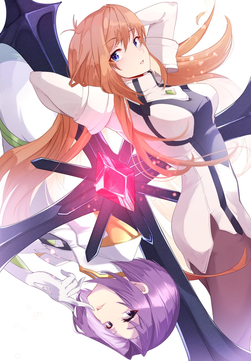 2girls absurdres arms_up blue_eyes breasts brown_hair cross dated dress elhaym_van_houten eyebrows_visible_through_hair finger_to_mouth gem gloves glowing highres long_hair looking_at_viewer miang_hawwa multiple_girls orange_hair pantyhose pilot_suit purple_eyes purple_hair risumi_(taka-fallcherryblossom) short_hair simple_background smile uniform very_long_hair white_background xenogears