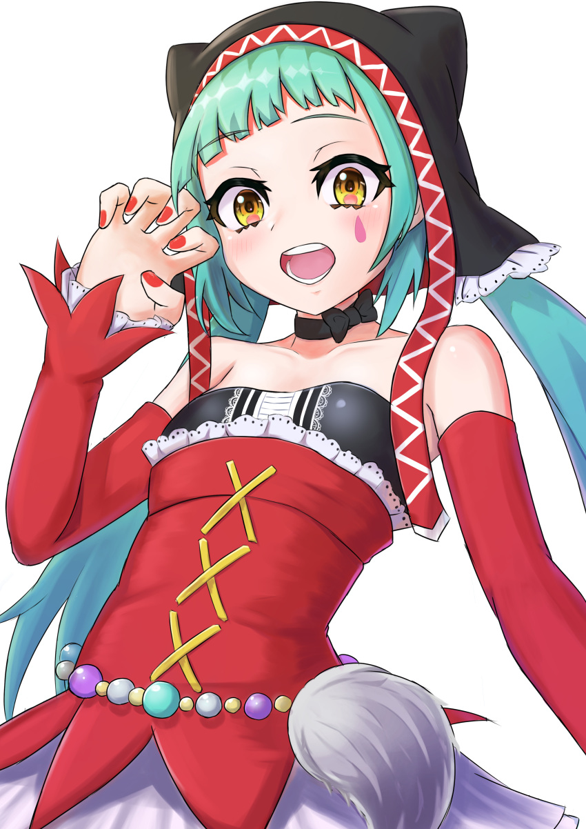 1girl absurdres animal_hood aqua_hair bare_shoulders breasts cat_food_(vocaloid) cat_hood choker detached_sleeves eyebrows_visible_through_hair frills green_hair hatsune_miku highres hood long_hair long_sleeves looking_at_viewer open_mouth piku_39 simple_background skirt small_breasts smile solo songover twintails very_long_hair vocaloid yellow_eyes