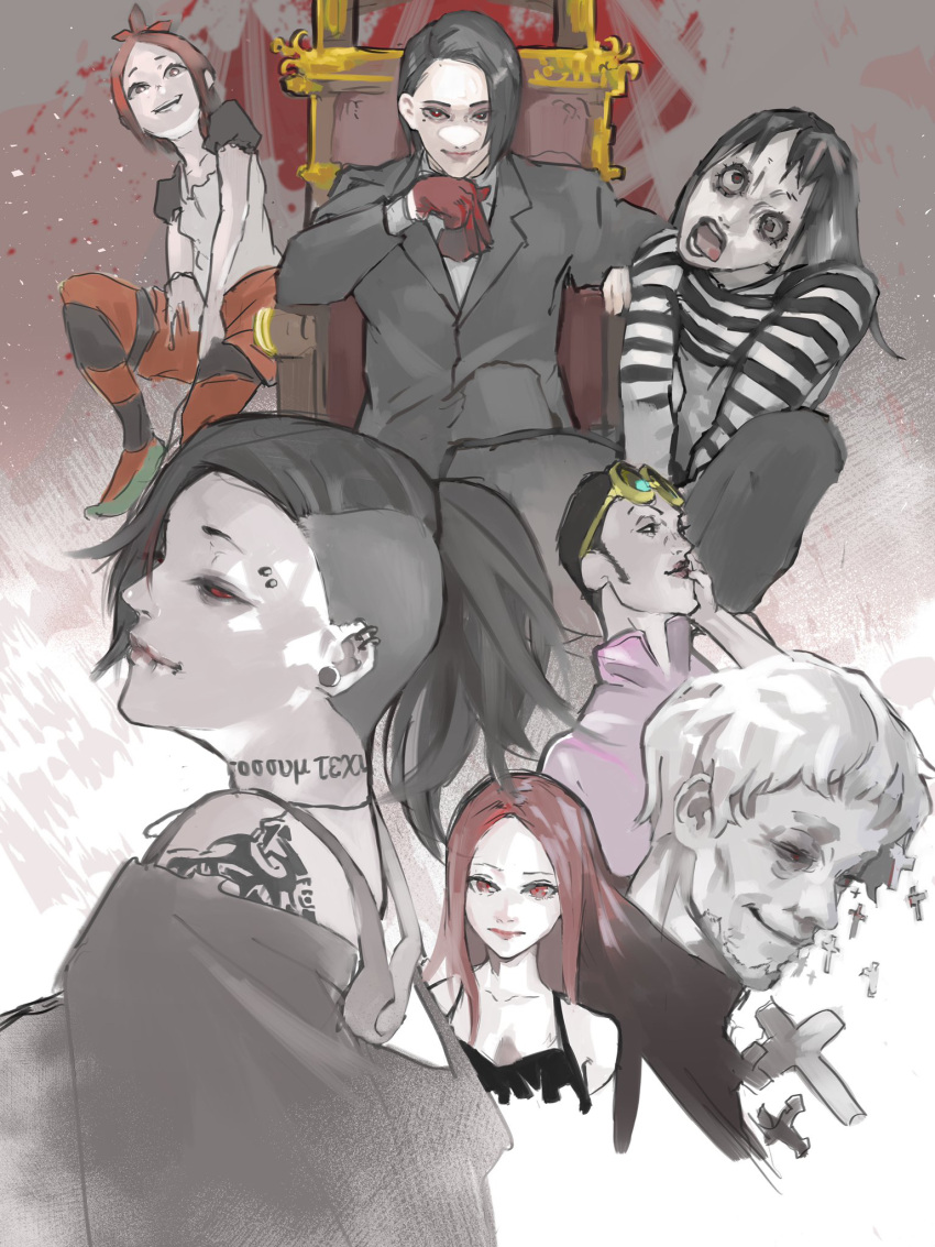 2girls 5boys bangs beard chair commentary_request cross donato_porpora facial_hair furuta_nimura gloves gradient gradient_background grey_background highres hoito_roma itori_(tokyo_ghoul) long_hair looking_at_viewer multiple_boys multiple_girls neck_tattoo nico_(tokyo_ghoul) open_mouth pants parted_bangs ponytail red_gloves red_hair red_pants shikorae_(tokyo_ghoul) shirt short_hair shoulder_tattoo sitting smile stfr_(stfr_kaz) striped striped_shirt tattoo teeth tokyo_ghoul tongue tongue_out uta_(tokyo_ghoul) white_background