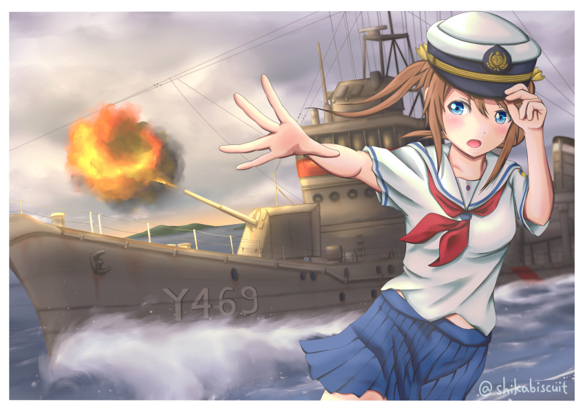 1girl absurdres blue_eyes blue_skirt brown_hair commentary_request cowboy_shot destroyer firing harekaze hat high_school_fleet highres looking_at_viewer military military_vehicle misaki_akeno muzzle_flash neckerchief peaked_cap pleated_skirt red_neckerchief school_uniform serafuku shikabiscuit ship short_hair short_sleeves skirt solo twintails twitter_username warship water watercraft white_headwear yokosuka_girls_marine_high_school_uniform