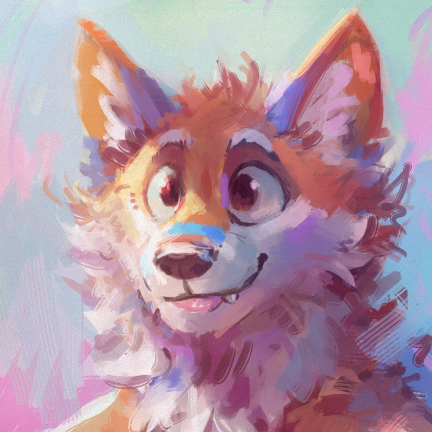 1:1 2021 abstract_background anthro black_nose blep blue_background canid canine digital_media_(artwork) digital_painting_(artwork) excited eyebrows fangs fox fur headshot_portrait hi_res inner_ear_fluff latrans male mammal orange_body orange_fur pink_tongue portrait raised_eyebrows red_fox simple_background smile solo tongue tongue_out tuft white_body white_fur