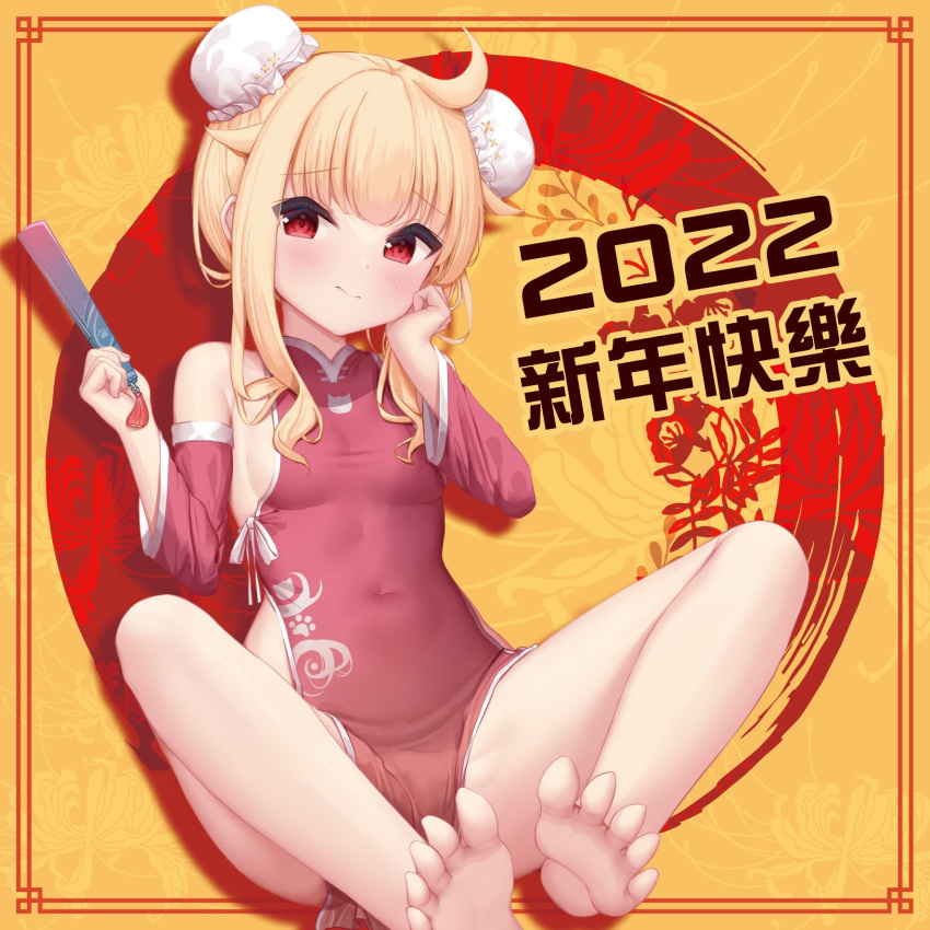 1girl 2022 ahoge armpit_crease bachibachi_(tisen) bare_shoulders barefoot blonde_hair breasts bun_cover china_dress chinese_clothes covered_navel detached_sleeves double_bun dress feet folding_fan hand_fan highres holding little_witch_nobeta long_hair long_sleeves looking_at_viewer no_panties nobeta pelvic_curtain red_dress red_eyes sitting small_breasts smile soles solo thighs toes