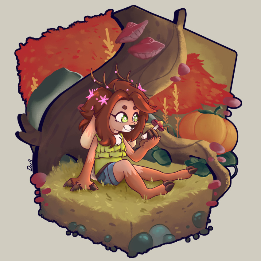 1:1 accessory autumn comics-toons comics_style dragon_well fairy_tale fantasy female flower flower_in_hair forest fungus green_eyes hair hair_accessory hi_res hooves horn mushroom plant solo toony tree