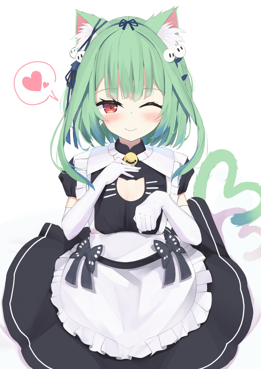 1girl absurdres alternate_costume animal_ear_fluff animal_ears apron bangs bell blue_hair blush cat_ears cat_tail dress earrings elbow_gloves enmaided ghost_earrings gloves gradient_hair green_hair hair_ornament heart highres hololive jewelry looking_at_viewer maid maid_apron multicolored_hair neck_bell one_eye_closed polyethyle red_eyes short_dress short_hair short_sleeves skull_hair_ornament solo tail uruha_rushia virtual_youtuber white_gloves