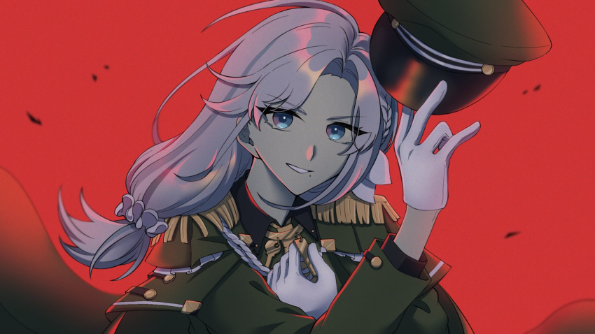 1girl blue_eyes braid hagiya_yk hat highres jewelry key long_sleeves military military_uniform mokuroku mole mole_under_eye necklace pale_skin reiya_miri second-party_source smile undercover_(vocaloid) uniform virtual_youtuber white_hair