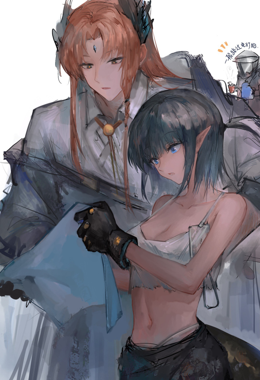 1boy 1girl 1other arknights bangs bare_arms bare_shoulders black_gloves black_hair blue_eyes breasts camisole chinese_commentary cleavage coat collarbone commentary_request crop_top eunectes_(arknights) eunectes_(forgemaster)_(arknights) eyebrows_visible_through_hair gloves head_wings highres long_hair midriff naijiaer navel orange_hair parted_lips passenger_(arknights) pointy_ears short_hair simple_background spaghetti_strap stomach upper_body white_background white_coat