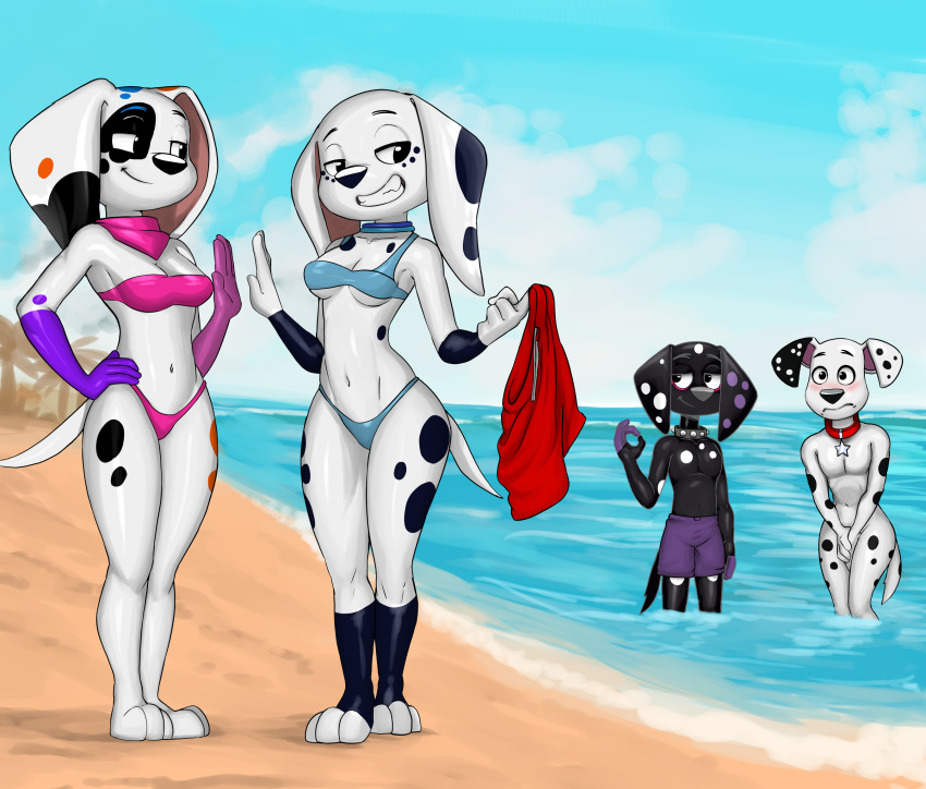 101_dalmatian_street 101_dalmatians 2022 3_toes 4_fingers anthro anthrofied beach bikini blush breasts brother brothers canid canine canis clothing cloud collar covering covering_crotch da_vinci_(101_dalmatians) dalmatian dante_(101_dalmatians) diacordst disney dolly_(101_dalmatians) domestic_dog dylan_(101_dalmatians) embarrassed feet female fingers gesture group hand_on_hip hi_res high_five male mammal ok_sign outside partially_submerged seaside sibling sister sisters sky smile swimming_trunks swimwear toes water