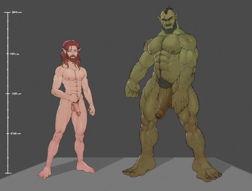 balls duo_radon elf genitals green_body green_skin hairy hairy_balls hi_res humanoid male male/male muscular muscular_male orc penis scar suchmim
