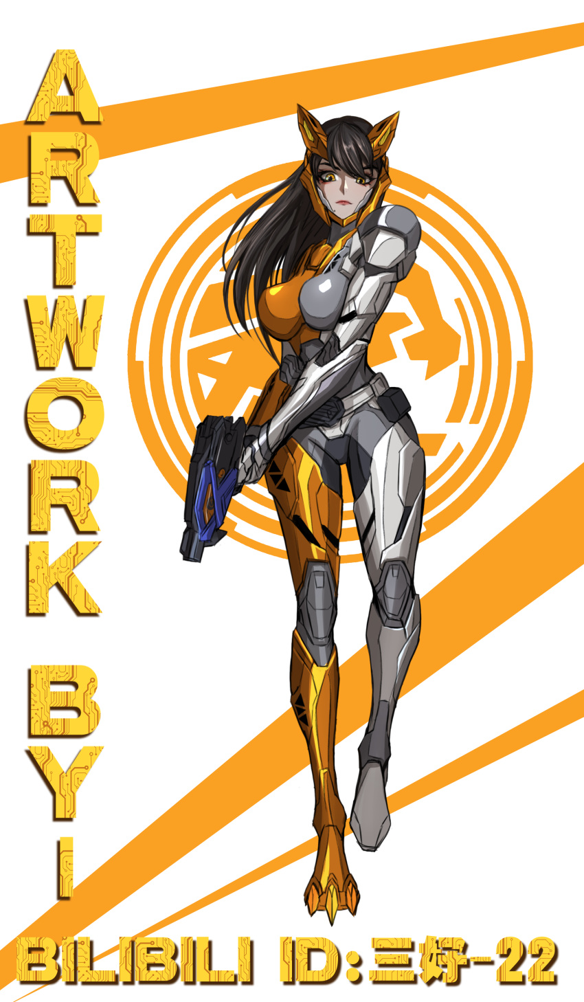 1girl 3ok absurdres black_hair english_text gun handgun highres holding holding_gun holding_weapon kamen_rider kamen_rider_01_(series) kamen_rider_valkyrie no_headwear no_helmet orange_eyes rushing_cheetah shot_riser solo tokusatsu walking weapon white_background yaiba_yua