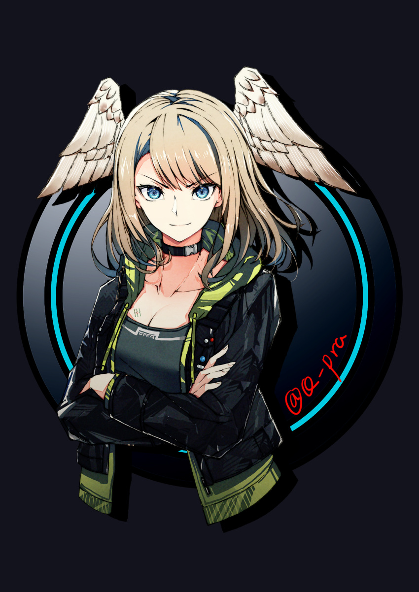 1girl bangs black_choker black_jacket blonde_hair blue_eyes breast_tattoo breasts choker cleavage closed_mouth collarbone crossed_arms drawstring eunie_(xenoblade) eyebrows_visible_through_hair feathered_wings fingernails head_wings highres hood hood_down jacket long_hair long_sleeves open_clothes open_jacket q-pra smile solo tattoo twitter_username upper_body v-shaped_eyebrows white_wings wings xenoblade_chronicles_(series) xenoblade_chronicles_3