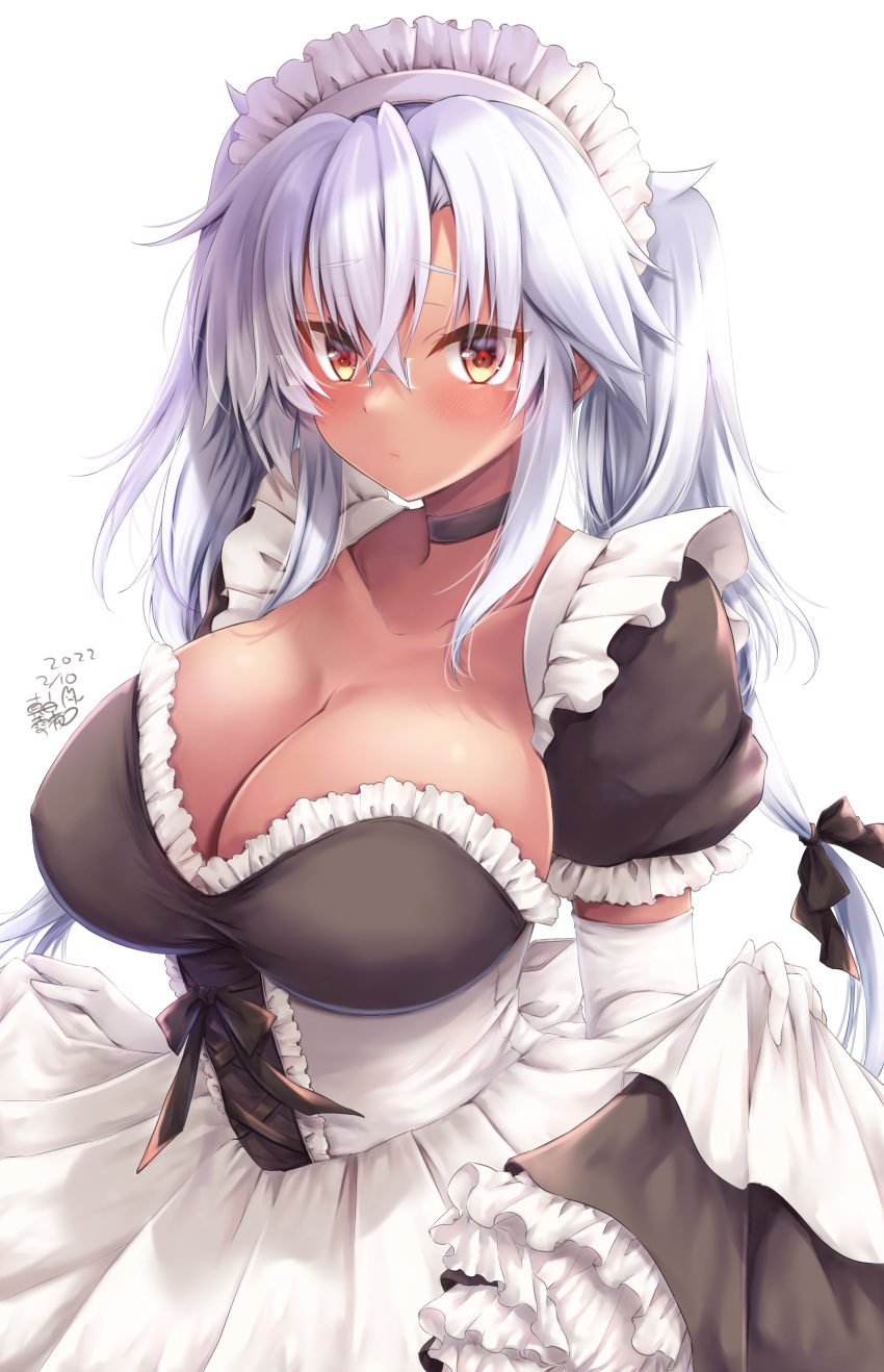 1girl absurdres alternate_costume apron black_choker black_dress breasts choker cleavage dark-skinned_female dark_skin dated dress elbow_gloves enmaided frilled_apron frills glasses gloves grey-framed_eyewear hair_between_eyes highres kantai_collection large_breasts light_brown_hair long_dress maid maid_apron maid_headdress mashiro_yukiya musashi_(kancolle) platinum_blonde_hair pointy_hair puffy_short_sleeves puffy_sleeves red_eyes semi-rimless_eyewear short_hair_with_long_locks short_sleeves signature solo twintails two_side_up waist_apron white_apron
