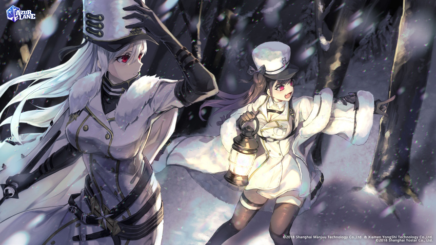 2girls absurdres azur_lane bare_tree black_gloves black_legwear blush breasts brown_hair buttons canned_rose cape cleavage coat collared_shirt commentary copyright_name cowboy_shot double-breasted elbow_gloves english_commentary fang feet_out_of_frame floating_hair forest from_side fur-trimmed_cape fur-trimmed_coat fur_hat fur_trim gloves hair_between_eyes hand_on_headwear hat highres holding holding_weapon jacket logo long_hair medium_breasts multiple_girls nature official_art open_mouth outdoors pamiat_merkuria_(azur_lane) parted_lips pink_eyes pointing red_eyes second-party_source shirt silver_hair skin_fang smile snowing sovetskaya_rossiya_(azur_lane) thigh_strap thighhighs tree watermark weapon white_cape white_coat white_jacket white_shirt wind wind_lift wing_collar winter winter_clothes winter_coat zettai_ryouiki