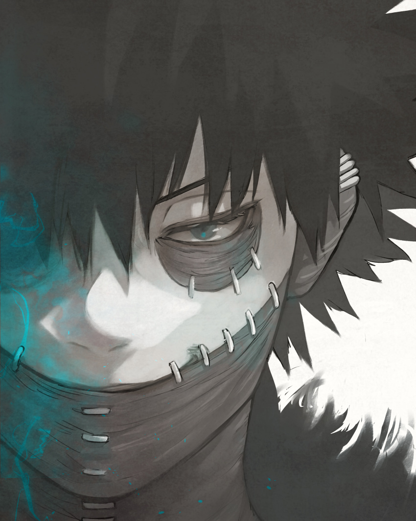 1boy absurdres bangs black_hair boku_no_hero_academia burn_scar dabi_(boku_no_hero_academia) ear_piercing grey_background hair_between_eyes highres looking_at_viewer piercing portrait scar scar_on_face short_hair solo split_theme stfr_(stfr_kaz)