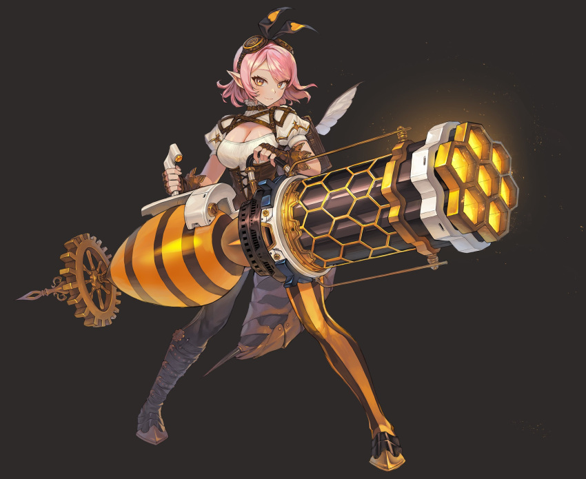 1girl arthropod_girl asymmetrical_legwear bangs bee_girl belt_collar black_background breasts brown_gloves center_opening cleavage closed_mouth collar corset eyelashes fingerless_gloves forehead full_body gears gloves goggles goggles_on_head gold_trim gun hair_ribbon heart highres holding holding_gun holding_weapon honeycomb_(pattern) korean_commentary large_breasts legs_apart light_blush lilithmy looking_at_viewer machine_gun medium_hair mole mole_under_eye original parted_bangs pink_hair pointy_ears puffy_short_sleeves puffy_sleeves ribbon short_sleeves shrug_(clothing) sidelocks simple_background smile solo standing stinger striped striped_legwear uneven_legwear vertical-striped_legwear vertical_stripes weapon wings yellow_eyes