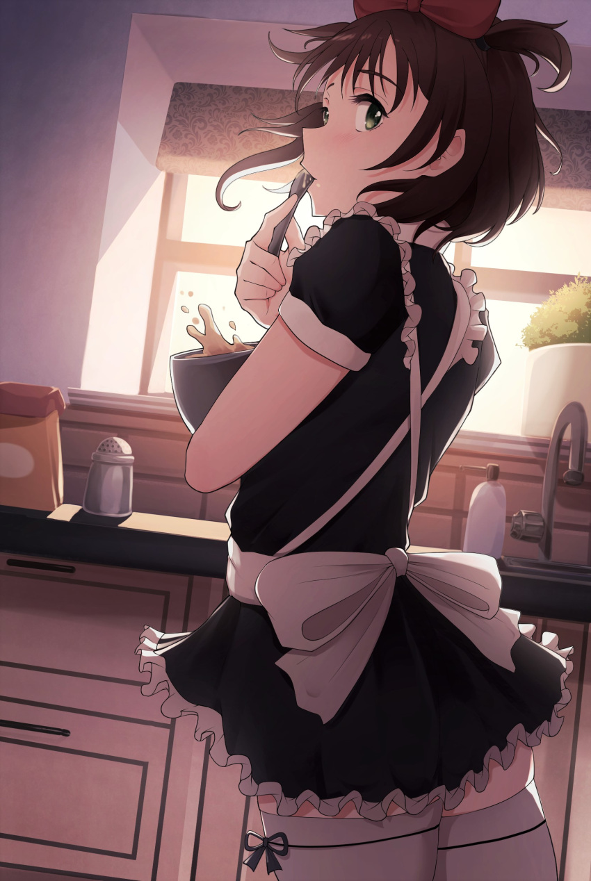 1girl absurdres apron baking black_dress bow breasts brown_hair commentary commission dress flour frills green_eyes gueya hair_bow highres hiroishi_rin indoors kitchen looking_at_viewer looking_back maid maid_apron red_bow sink solo spoon standing tasting thighhighs utensil_in_mouth white_legwear window zettai_shougeki