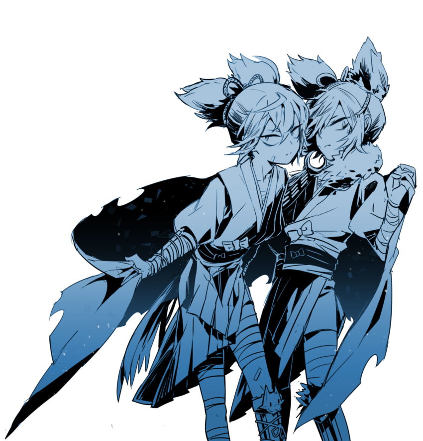 2boys bandage_on_face bandaged_leg bandages cape dual_persona fur_collar highres japanese_clothes male_focus monochrome multiple_boys ponytail sayo_samonji sayo_samonji_(kiwame) touken_ranbu yway1101