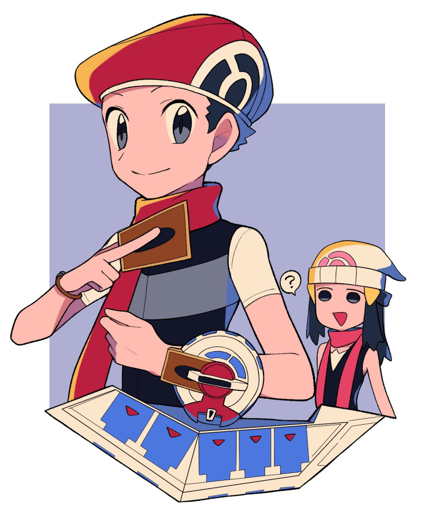 1boy 1girl :d ? beanie beret black_hair black_shirt black_vest bracelet card commentary_request dawn_(pokemon) duel_disk grey_eyes hair_ornament hairclip hat highres holding holding_card jewelry long_hair looking_at_viewer lucas_(pokemon) open_mouth poke_ball_print pokemon pokemon_(game) pokemon_dppt red_headwear red_scarf scarf shirt short_hair short_sleeves sleeveless sleeveless_shirt smile spoken_question_mark tyako_089 vest white_headwear white_shirt yu-gi-oh!