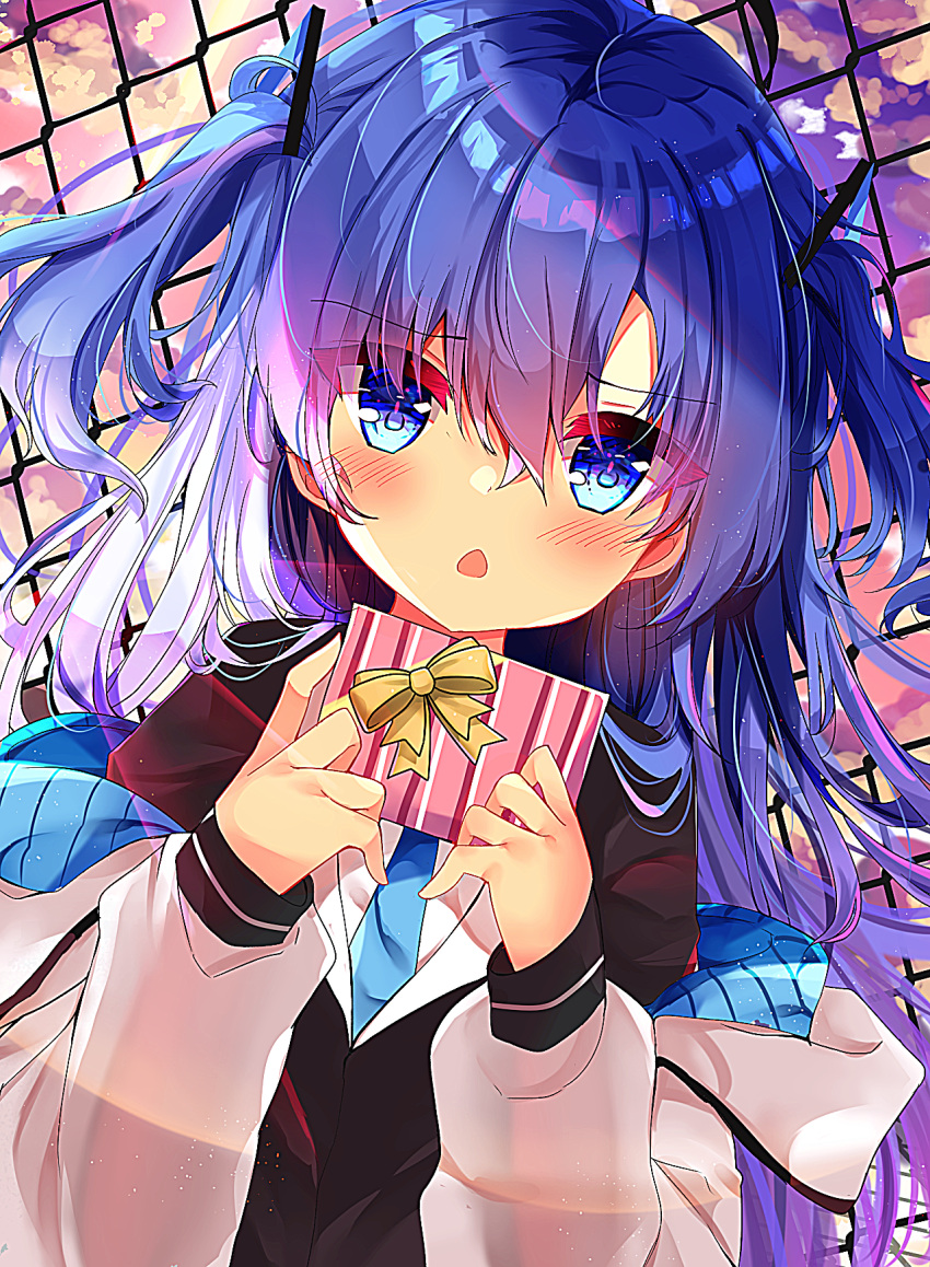 blue_archive blue_eyes blush box chain-link_fence clip_studio_paint_(medium) cloud dress_jacket ears fence fujiwarahatsune gift gift_box hair_between_eyes highres holding holding_gift jacket necktie off_shoulder open_mouth purple_hair sidelocks sunlight sunset twintails white_jacket yuuka_(blue_archive)