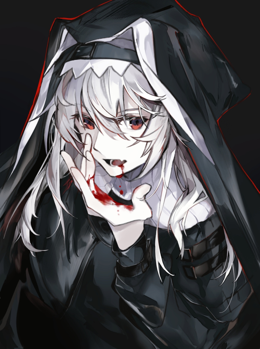 1girl arknights bangs black_background black_capelet black_dress black_headwear blood blood_from_mouth blood_on_hands capelet cheonyeon-hi commentary dress fang habit highres long_hair looking_at_viewer nun open_mouth outline red_eyes red_hair red_outline silver_hair skin_fang solo specter_(arknights) upper_body