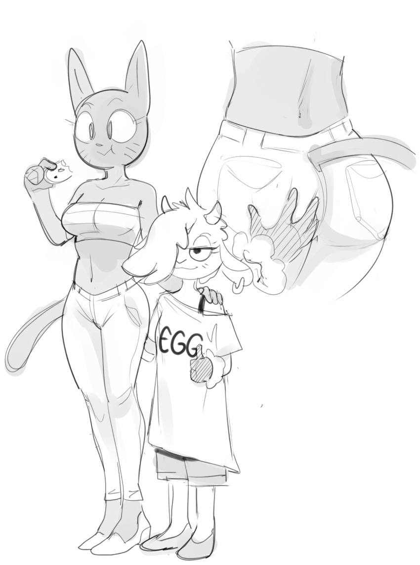 anthro arepo big_butt bovid breasts butt butt_grab caprine clara_hopper clothed clothing cookie critter_coven dbaru domestic_cat duo felid feline felis female female/female food gesture goat greyscale hand_on_butt hi_res high_heels hoof_hands horn mammal midriff monochrome size_difference thumbs_up