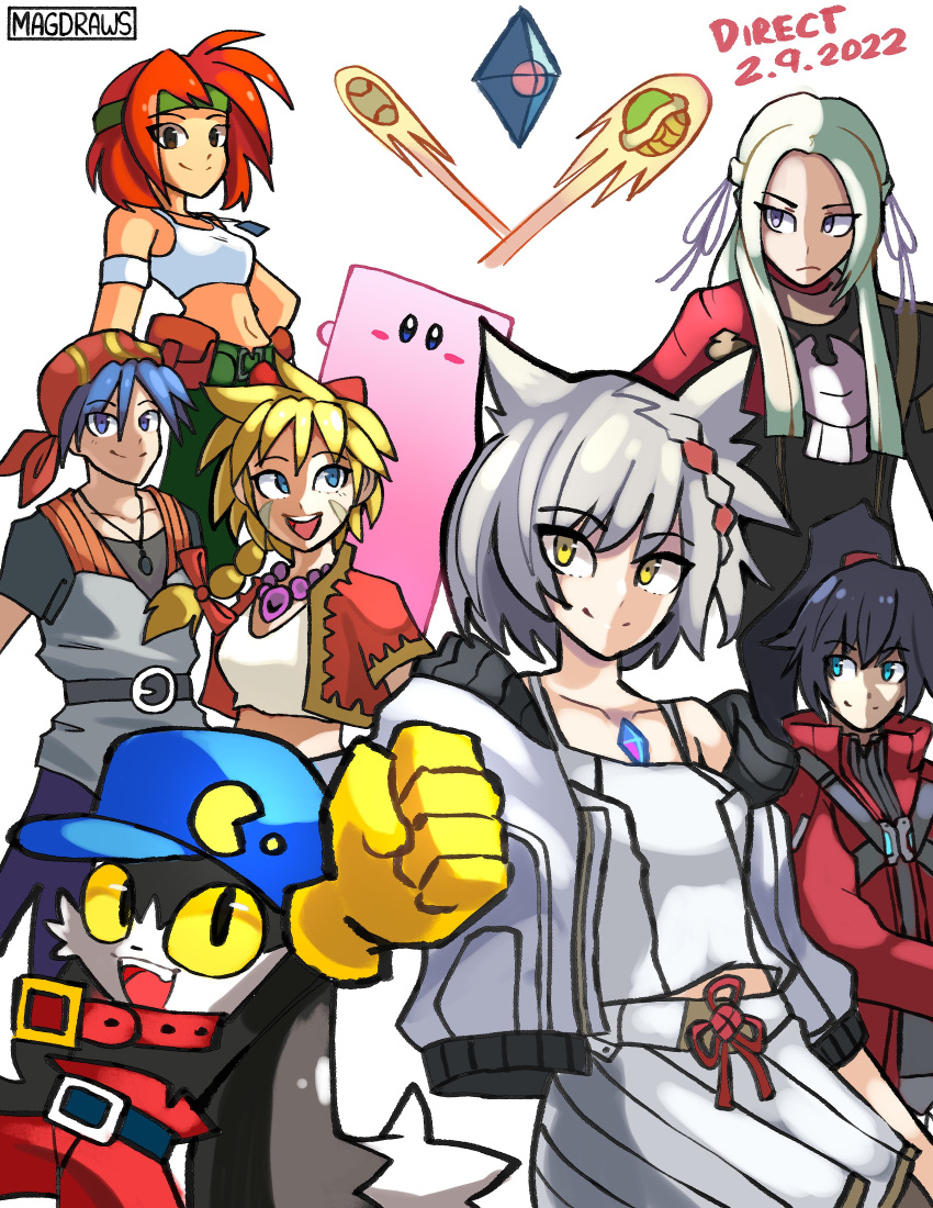 absurdres advance_wars animal_ears armband black_hair blue_eyes breasts cape cat_ears chest_jewel chrono_(series) chrono_cross edelgard_von_hresvelg fire_emblem fire_emblem:_three_houses fire_emblem_warriors:_three_hopes garreg_mach_monastery_uniform gloves hair_ribbon hair_tie headband highres jacket kaze_no_klonoa kid_(chrono_cross) kirby kirby_(series) kirby_and_the_forgotten_land klonoa long_hair long_sleeves looking_at_viewer mag_(magdraws) mario_(series) military military_uniform mio_(xenoblade) multi-tied_hair noah_(xenoblade) orange_hair ponytail portal_(series) purple_eyes red_cape red_hair red_jacket ribbon sami_(advance_wars) serge shirt short_hair shoulder_strap smile sports_bra sword tank_top uniform weapon white_hair white_jacket white_tank_top xenoblade_chronicles_(series) xenoblade_chronicles_3 yellow_eyes