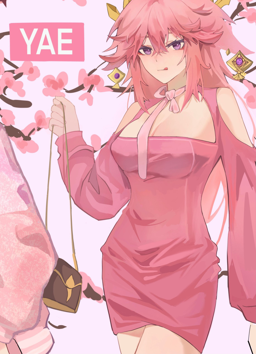 2girls absurdres animal_ears bag bangs bare_shoulders branch character_name cherry_blossoms closed_mouth dress earrings fox_ears genshin_impact highres holding holding_bag jacket jewelry long_hair long_sleeves multiple_girls pink_background pink_dress pink_hair pink_jacket purple_eyes shiba257 tongue tongue_out yae_miko