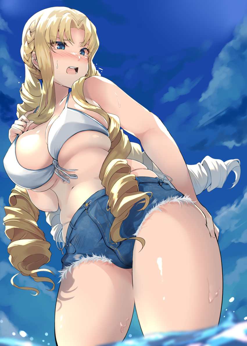 1girl absurdres bangs bare_shoulders bikini blonde_hair blue_eyes blue_shorts blue_sky blush braid breasts cleavage collarbone cutoffs denim denim_shorts drill_hair endou_(zettai_bluenoid) french_braid highres large_breasts long_hair marguerite_pistail navel open_mouth parted_bangs quad_drills short_shorts shorts sky solo super_robot_wars swimsuit thighs wading wet white_bikini