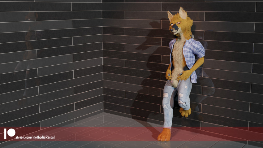 16:9 3d_(artwork) animal_genitalia animal_penis anthro blender_(software) canid canine canine_penis canis clothed clothing coyote digital_media_(artwork) fur genitals hi_res looking_at_viewer male mammal methodia_rascal partially_clothed penis penis_tip pose sheath solo standing talinn widescreen
