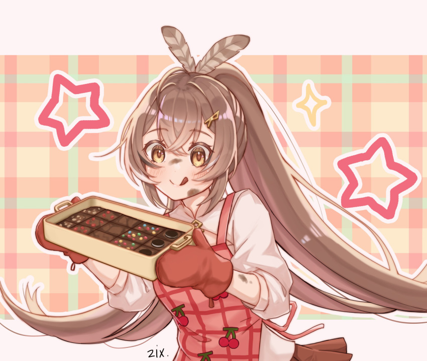 1girl ahoge apron baking bangs berry blush brown_eyes brown_hair brownie candy chocolate_brownie cookie dirty dirty_face feather_hair_ornament feathers food hair_ornament highres hololive hololive_english licking_lips long_hair nanashi_mumei oven_mitts patterned_background patterned_clothing ponytail shirt skirt sparkle star_(symbol) tongue tongue_out virtual_youtuber white_shirt zixsiga