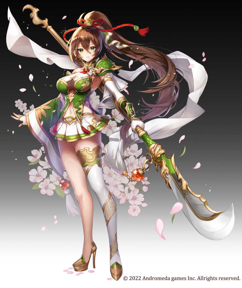 1girl apple_caramel breasts brown_hair cleavage company_name dress flower full_body glint gradient gradient_background hair_between_eyes high_heels highres holding holding_polearm holding_weapon naginata official_art polearm ponytail single_thighhigh solo standing thighhighs watermark weapon white_legwear wide_sleeves