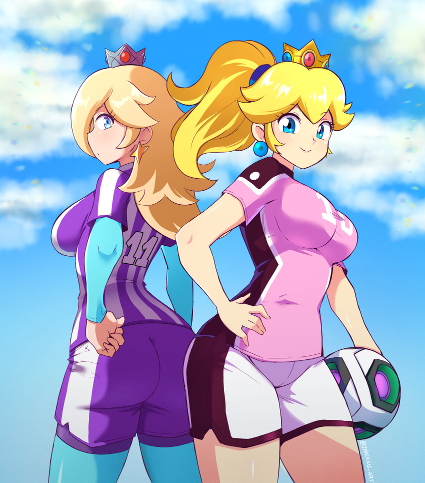 absurdres ass ball blonde_hair blue_eyes blue_sky crown highres holding holding_ball jarckius legwear_under_shorts long_hair mario_(series) mini_crown pantyhose ponytail princess_peach rosalina shorts sky smile soccer_ball soccer_uniform sportswear super_mario_strikers