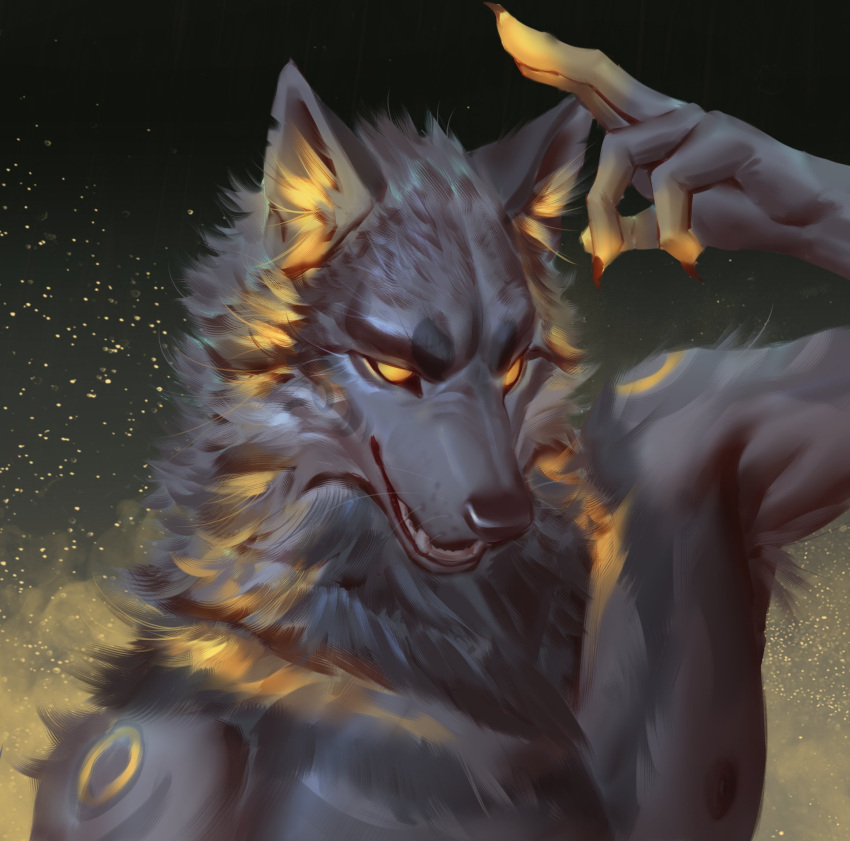 2021 anthro black_body black_fur black_nose canid canine canis claws dipstick_fingers fur glowing glowing_body glowing_fur hand_above_head headshot_portrait hi_res male mammal nipples notched_ear open_mouth portrait red_claws shoulder_tuft solo sparkles teeth tuft whiskers wolf yellow_eyes yi_feng