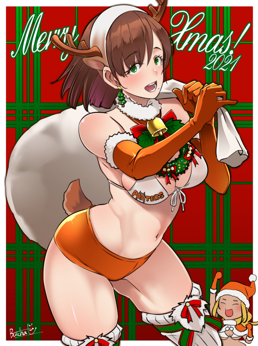 1girl 2021 antlers bangs bell breasts brown_hair butcha-u christmas cleavage commentary_request delightfully_fuckable_and_unrefined!! elbow_gloves gloves green_eyes hat highres holding holding_sack holly hooters large_breasts long_hair merry_christmas mole mole_under_mouth open_mouth original patterned_background red_shorts reindeer_antlers sack santa_costume santa_hat short_hair short_shorts shorts smile solo_focus thighhighs