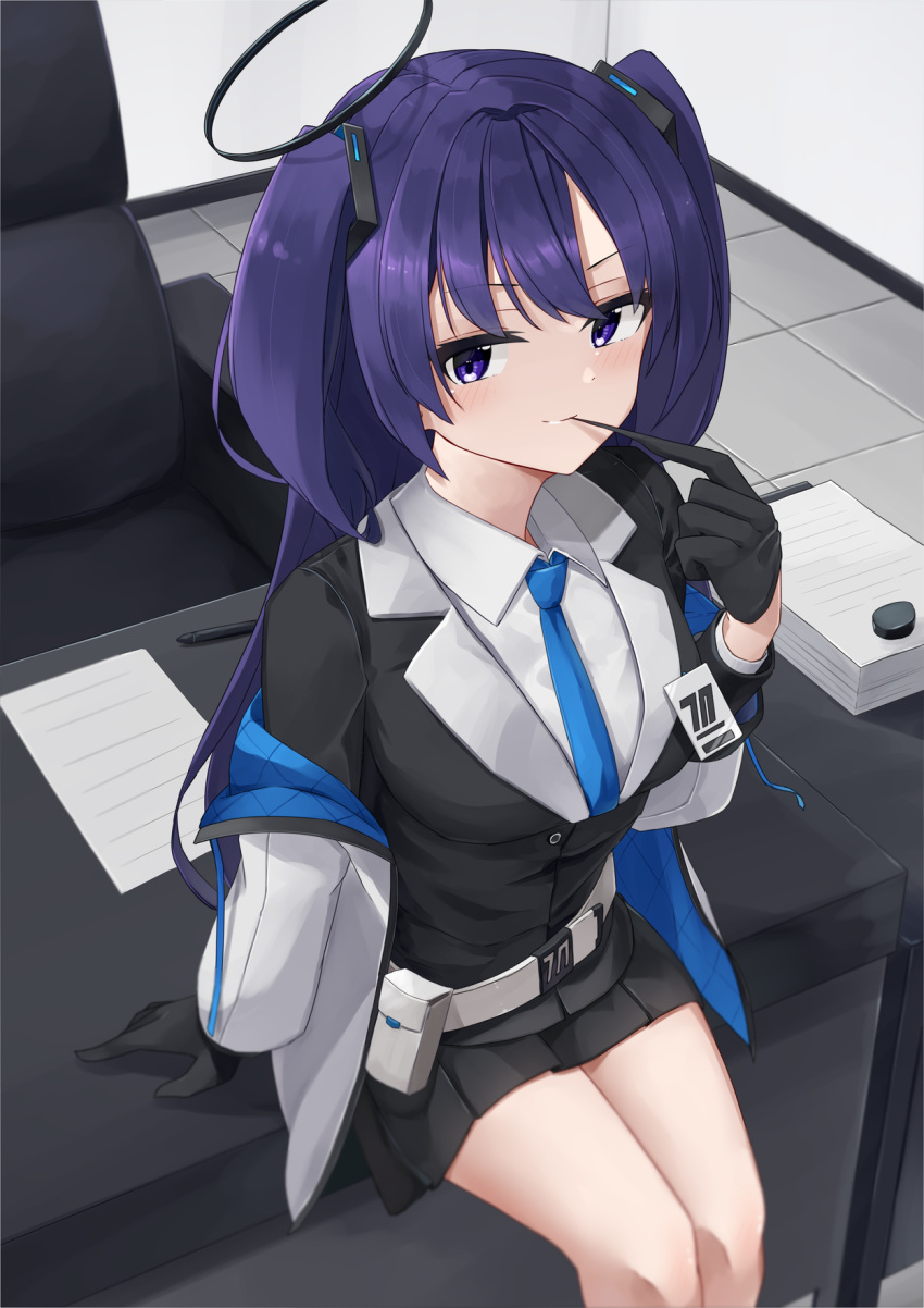1girl aya_mizunami belt belt_pouch biting blue_archive blush breasts buttons chair collared_shirt dress_jacket dress_shirt glove_biting gloves halo highres id_card jacket looking_at_viewer medium_breasts miniskirt necktie off_shoulder office_chair paper_stack pen pleated_skirt pouch purple_eyes purple_hair shirt sidelocks sitting sitting_on_table skirt smile table tile_floor tiles twintails white_jacket yuuka_(blue_archive)