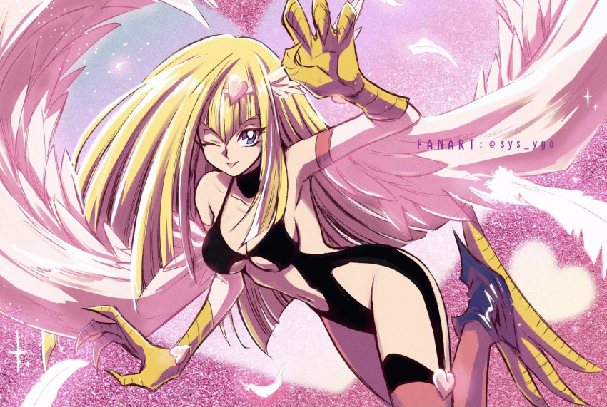 1girl animal_hands bangs bare_shoulders blonde_hair blue_eyes blush breasts claws cleavage commentary_request duel_monster feathered_wings feathers hair_between_eyes hair_ornament harpie_girl harpy heart heart_hair_ornament long_hair medium_breasts monster_girl navel one_eye_closed pink_background pink_feathers single_leg_pantyhose smile solo soya_(sys_ygo) tongue tongue_out twitter_username winged_arms wings yu-gi-oh!