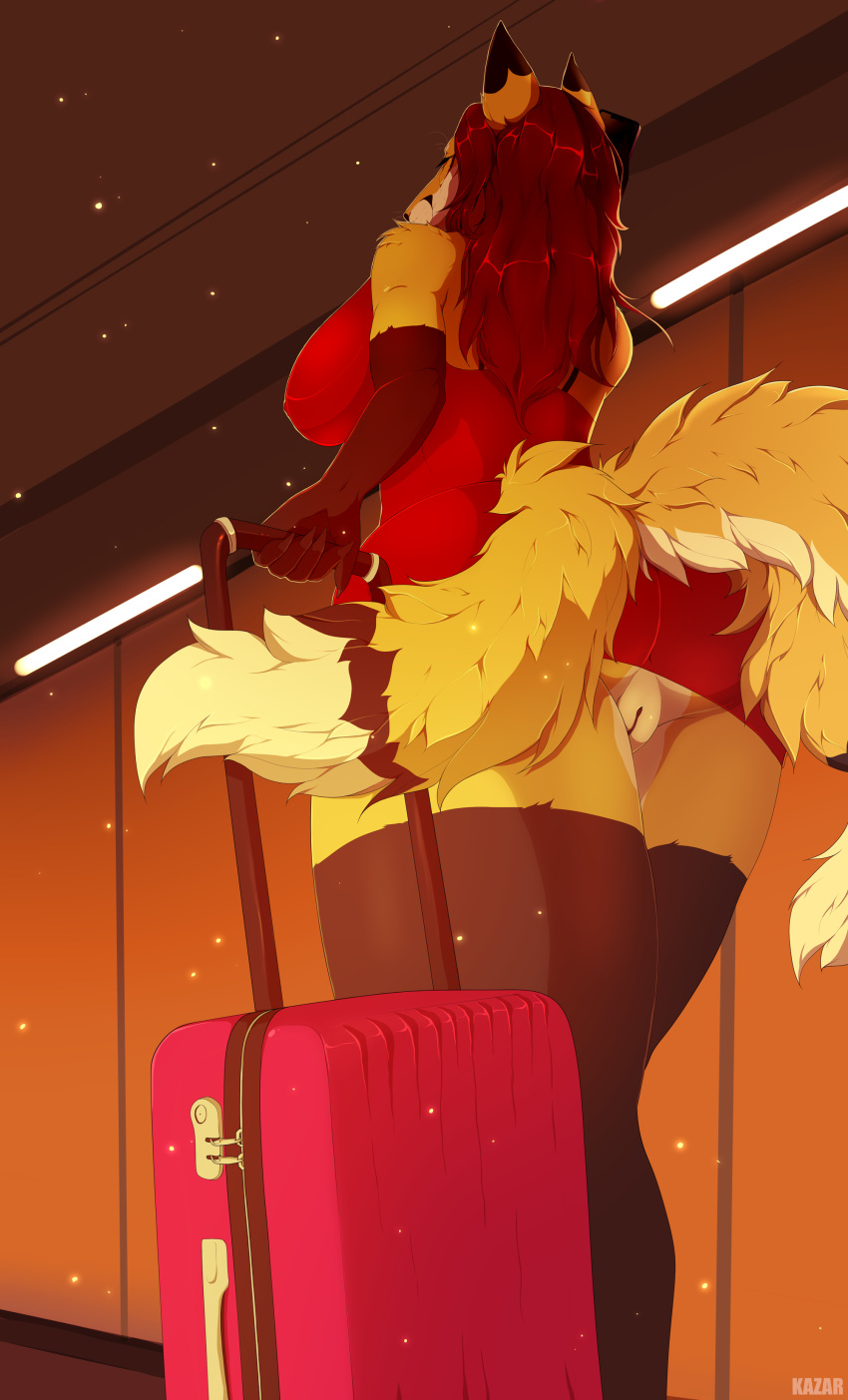 2022 3_tails absurd_res airport anthro big_breasts bottomless breasts brown_body brown_fur butt canid canine clothed clothing digital_drawing_(artwork) digital_media_(artwork) dipstick_tail dress english_text ezo_red_fox facial_markings female fox fur genitals hair head_markings hi_res inside kazarart mammal markings multi_tail multicolored_ears multicolored_tail pink_suitcase presenting presenting_hindquarters presenting_pussy pussy red_clothing red_dress red_fox red_hair solo suitcase tail_markings text view_from_below vulpes_foxnik white_body white_fur yellow_body yellow_fur