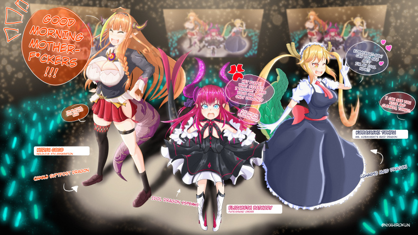 16:9 above absurd_res animal_humanoid big_breasts black_clothing black_dress black_footwear black_legwear black_shirt black_socks black_stockings black_thigh_highs black_topwear blonde_hair blue_eyes bottomwear breasts cleavage_cutout clothed clothing coco_kiryu crossover dragon dragon_humanoid dress elizabeth_b&aacute;thory_(fate) english_text eyes_closed fate_(series) female fingers flat_chested footwear gesture glowstick group hair hi_res high_heels hololive horn horned_humanoid huge_breasts humanoid humanoid_pointy_ears legwear light_body light_skin live_tv long_hair looking_at_viewer maid_uniform miss_kobayashi's_dragon_maid necktie nyahirokun one_eye_closed open_mouth orange_eyes orange_hair pink_hair profanity purple_horn red_bottomwear red_clothing red_necktie red_skirt shirt shoes skindentation skirt socks stage stockings text thigh_highs tohru_(dragon_maid) topwear uniform v_sign video_games virtual_youtuber widescreen wink